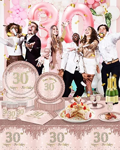 TOPWAYS Rose Assiette Jetable Decoration Anniversaire 30 ans Vaisselle Lot, Papier Assiette Jetable Gobelet Serviette Nappe pour Deco Anniversaire Fille Femme 16 Invités