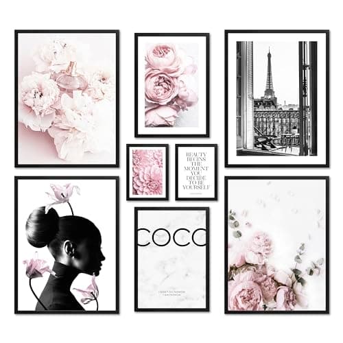 ARTFAVES® Ensemble d'affiches decoration murale - COCO - 8 poster moderne - Salon et chambre Rose, mode, rose, rose, glamour, style de vie, fleurs, parfum, fille - avec cadres noirs