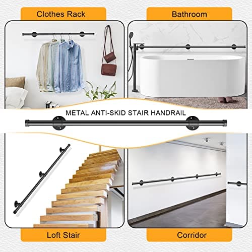 VAYOTOY Main Courante pour Escalier Intérieur Extérieur, Antidérapante Rampe d'escalier Métal Acier Galvanisé Corps de Support Poignée Rambarde de Sécurité, Noir 200 cm