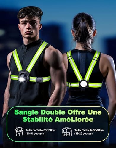 ISEYOU Lampe Running, 500 Lumens Lampe Course a Pied Rechargeable par USB, Réglable à 45°, Étanche IPX4 Lampes Pectorale Running avec Double Sangle Bandes Réfléchissantes pour Jogging Sports Extérieur