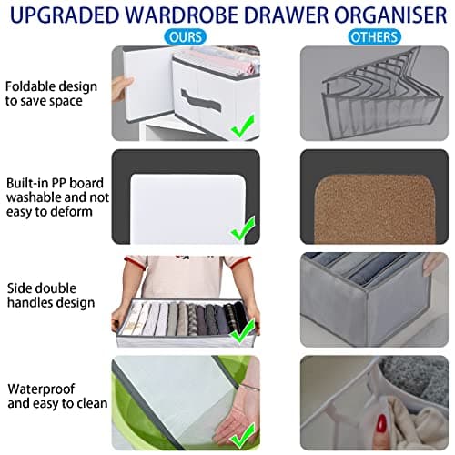 sprecenk Boîte de Rangement Vetement, 12 Grilles Armoire Organisateur de Vêtements, 2PCS Organisateur de Tiroir Pliable pour T-shirts, Shorts, Jupes, Gris
