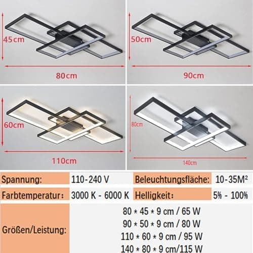 Plafonnier LED, Luminaire Salon, dimmable avec télécommande 3000K-6000K, nouveau design irrégulier lampe rectangulaire en métal acrylique cuisine lampes de décoration de chambre,Noir,90*50CM/80W