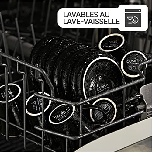 Cosumy Lot de 6 Tasses à Expresso Noires avec Soucoupes - Céramique - Lavable au Lave-vaisselle - Avec Boîte Cadeau - 70ml