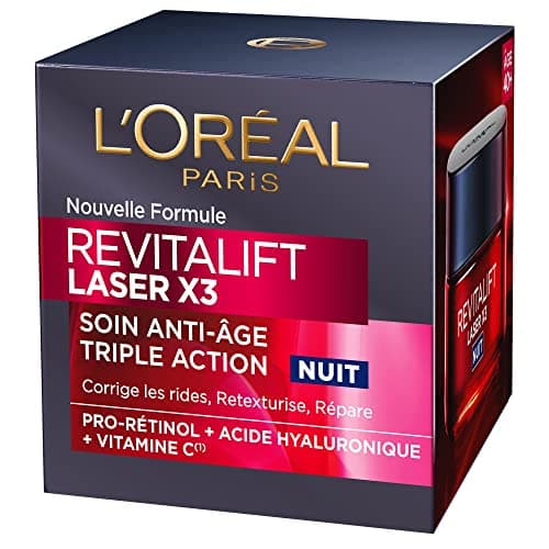 L'Oréal Paris - Crème Masque Nuit Triple Action Anti-Âge - Anti-Rides & Multi-Correction - Enrichi au Pro-Rétinol, à l'Acide Hyaluronique & à la Vitamine C - Revitalift Laser X3 - 50 ml