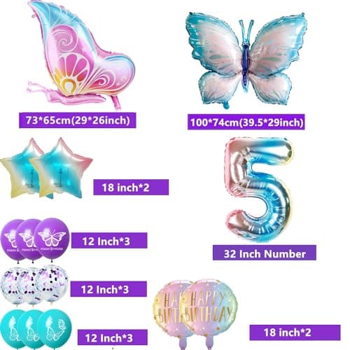 Ballons Papillon 5 ans Anniversaire Décoration, Fille 5 Papillons Décoration, Papillons Decoration Anniversaire 5 ans, Ballon 5 ans violet Papillon, Fille 5 ans Décoration de fête