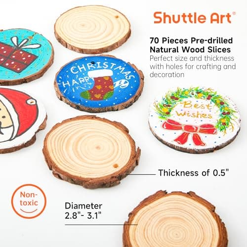 Shuttle Art Kit Rondin de Bois Deco, 70 Pièces Tranches de Bois Naturel 7-8cm, Cercles en Bois Inachevé Pré-percé avec Trou et Accessoires, Craft Wood Kit pour Decoration Noël