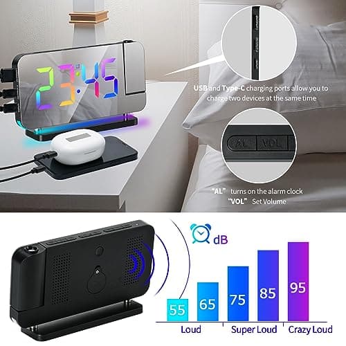 ThreeH Réveil Arc-en-Ciel Numérique Réveil à Projection Grand écran LED Miroir Veilleuse Colorée Double Ports Charge USB Fonction Snooze Dimming Volume Ajustable Noir