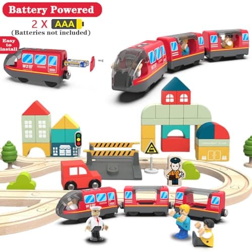 LiRiQi Train de locomotives à Piles, Ensemble de Jouets Magnétique de Train électrique, Montessori Train en Bois, Compatible avec Thomas, Brio, Jouet pour Tout-Petits Enfants garçon, Rouge