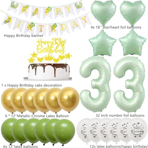 Vert ballons 33 ans anniversaire femme homme décoration anniversaire 33 ans femme ballon, or vert ballon décoration 33 ans femme anniversaire ballon décoration gâteau 33 ans anniversaire déco