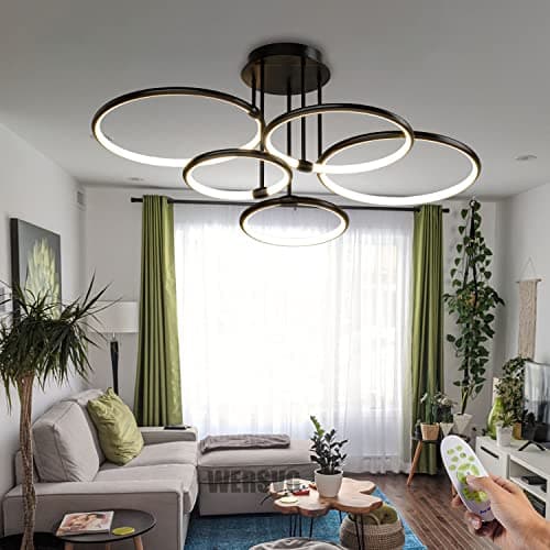 Plafonnier LED Plafonnier moderne en anneau noir, dimmable 3000K-6500K avec télécommande Lampe de chambre à coucher pour le salon Chambre à coucher Bureau Salle à manger (5 anneaux)