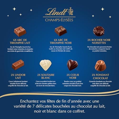 Lindt - Boîte CHAMPS-ÉLYSÉES Édition Arc Assorti - Assortiment de Chocolats au Lait, Noirs et Blancs - Pralinés, Croustillants et Onctueux - Idéal pour Noël, 231g