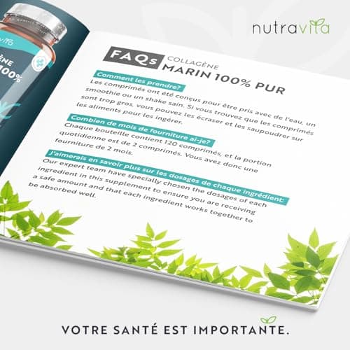 Collagene Marin Hydrolysé Type 1-1200mg - 120 Collagène Marine Comprimés - Peptides de Collagène Hydrolysé - Protéines de Collagen pour Articulations et Hydratation de la Peau - Nutravita