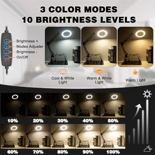 Jubor 10X & 15X Loupe avec Lumière et Support, Aide Magnétique à Souder Main Secourable, Troisième Main Loupe à Souder avec 3 Modes de Couleur Gradable, Lampe Loupe pour Bricolage, Soudage, Loisirs