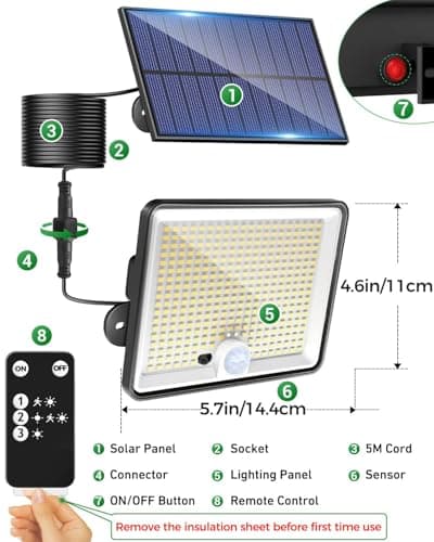 LOTMOS Lampe Solaire Exterieur Detecteur de Mouvement avec Télécommande, 342 LED Lumiere Solaire IP65 Étanche Spot Solaire, 3 Modes Eclairaget Solaire pour Jardin Garage Cour, Blanc Froid