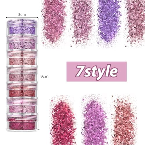 7 Boîtes Paillette Ongle Glitter Nail Art Sequin Poudre Décoration Manucure Maquillage Ongle Visage Corps Cheveux pour Femme Fille (Rose)