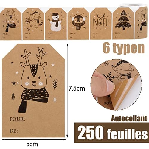 250PCS Étiquettes Autocollantes Noël Français en Papier Kraft Emballage Cadeau Joyeux Noël Stickers Accessoire Décoration Noël Carte de Vœux Merry Christmas Autocollantes
