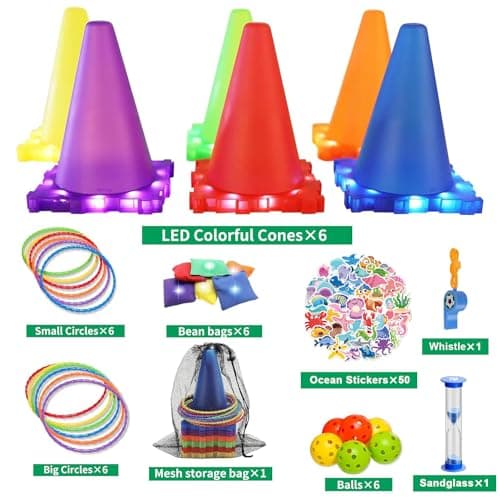 Jeux Extérieur pour Enfants 5 6 7 8 9 10 11 12 Ans Set de Cônes avec LED Intégrés& Anneaux&Sacs de Haricots Jeu Lancer d’Anneaux Parcours d'Obstacles Jeux de Relais Haies Cadeaux Fête Journée Sportive