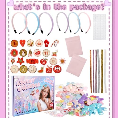 Calendrier de l'Avent 2024 Enfant Fille, Kit de Fabrication de Bandeaux pour Filles Accessoires de Cheveux DIY Enfant 6 Serre-tête Bricolage Cadeau d'anniversaire pour Fille Jouet pour Filles 5-12 Ans