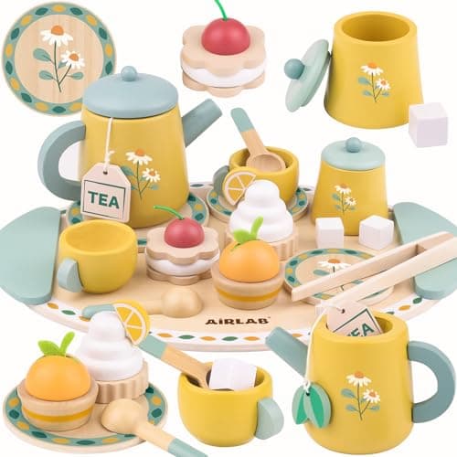 Airlab Service à Thé Bois Bébé, Jeux Rôle Tea Party, Jouet Éducatif Éveil Montessori, Gâteau Dessert Dinette Jouet Cuisine, Cadeau Créatif Anniversaire Pâques Halloween Noël Enfant Garçon Fille 3+ Ans