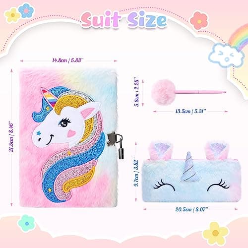 Damcyer Journal Intime Fille avec Cadenas,Ensemble de Cahier de Licorne en Peluche Comprenant une Licorne Carnet en Peluche,Trousse Licorne et Stylos de Couleur Cadeau Licorne Fille 5-12 Ans,Rose