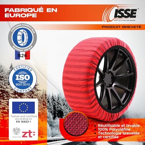 ISSE Chaussettes Neige T-66 | Chaînes à Neige Textiles Homologuées et Haute Sécurité – Kit de 2 Chaînes pour Voitures + Gants