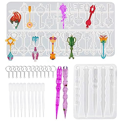 Woohome 22 PCS Clé Silicone Moule pour Bijoux, 1 PCS Clé Moules en Résine Epoxy et 1 PCS Couteau Résine Silicone Moule pour Pendentif Porte-Clés Bijoux Artisanat Décoration Fabrication