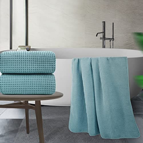 POLYTE Lot de 2 draps de Bain en Microfibre Non Pelucheux à séchage Rapide - 89 x 178 cm - Vert - Tissage gaufré
