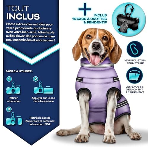 TRESKO® Manteau d'hiver pour Chiens avec réflecteurs INCL. 15 Sacs à crottes + Distributeur | Imperméable pour Chiens étanche | Manteau avec Harnais | Veste d'hiver doublée (L, Violet)
