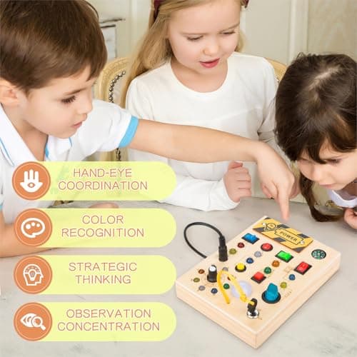 Yexati Busy Board Montessori 1 an, Planche d'Activité avec 10 Interrupteurs et 17 Lumières LED, Jouet Sensoriel pour Bébé et Enfants à partir de 1、2、3、4 Ans