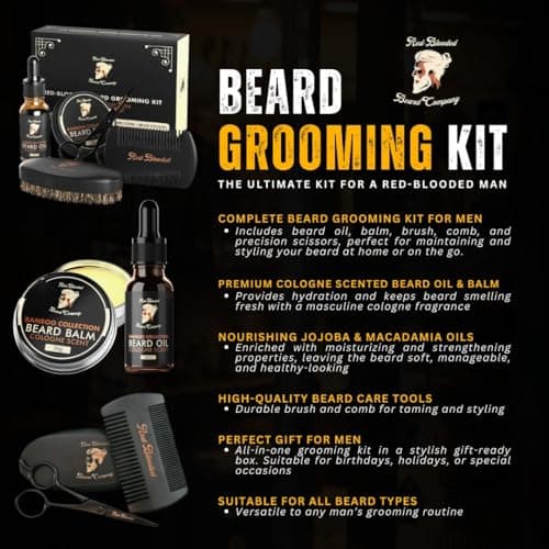 Red-Blooded kit barbe homme avec huile à barbe, baume à barbe, brosse à barbe, peigne à barbe et ciseaux à barbe. Cologne parfumée à base d'huile de jojoba et d'huile de macadamia kit soin barbe homme