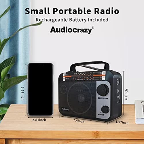 Audiocrazy Radio Portable FM/AM/SW1-2 Radio Multibande avec Batterie Rechargeable 1800 mAh, Câble AC Ou Radio FM Portable avec Piles, Haut-parleurs, Prise Casque, Entrée AUX Noir