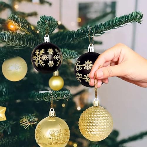 44 Boules de Noël Noir Or Set,Ø 6/4.3/3cm Boules de Noël en Plastique avec Crochet pour décoration d'arbre de Noël,Boules de Noël Décoration d'arbre Extérieur et Intérieur Décoration d'arbre Noël