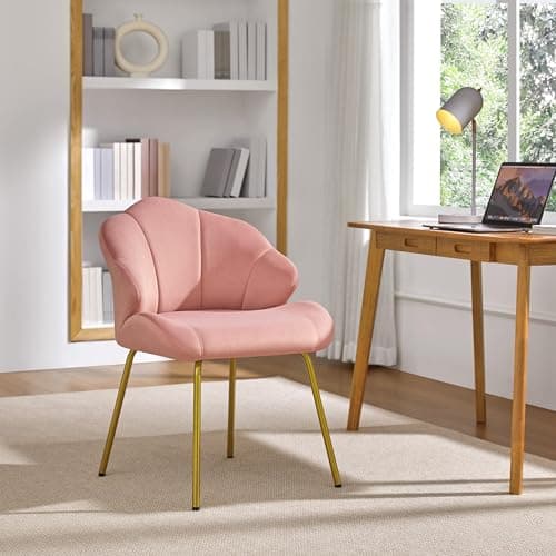 Yaheetech Fauteuil de Salon Moderne, Design Coquillage, Chaise de Chambre à Coucher Confortable, Rembourré, Ergonomique, Fauteuil en Velours avec Dossier, Pieds en Métal Plaqué Or, Rose