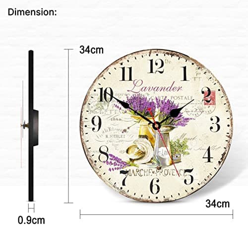TAHEAT Romantique Lavande Horloge Murale, Français Mauve l'amour Floral Horloges, Exact Décoratif Lisible Pendules Murales pour Le Salon/Chambre/Salle de Bains/ 34 cm