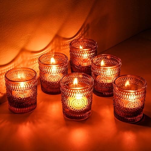 Winter Shore Bougeoir Verre Rond avec Bougies [Lot de 12] - Photophore Verre Ambré avec Design Floral Embossé - Photophore Mariage d'automne, Décoration de Table, Centres de Table Bohème