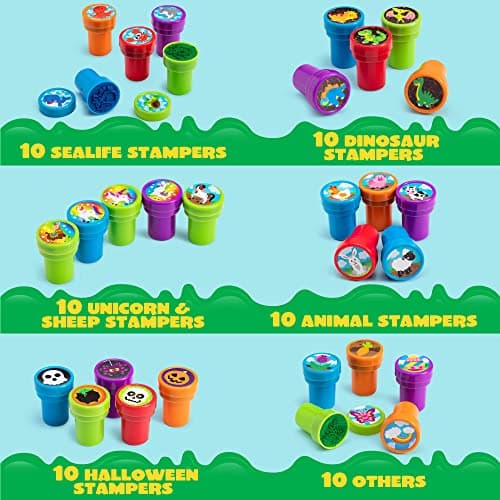 100 Tampons Assortis pour Enfants Tampons Auto-Encreurs (50 Modèles Différents, Tampons en Plastique, Tampons, Tampons Dinosaures, Tampons Zoo Safari) pour les Oeufs de Pâques, Cadeaux