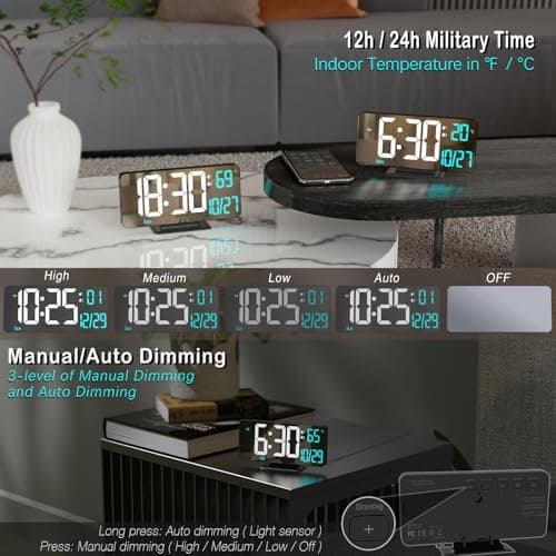 KOSUMOSU Réveil Numérique 17cm Noir Chambre Double Alarme Date Seconde Jour de la Semaine 12/24 Heures Variation Température Horloge Ordinateur Horloge LED