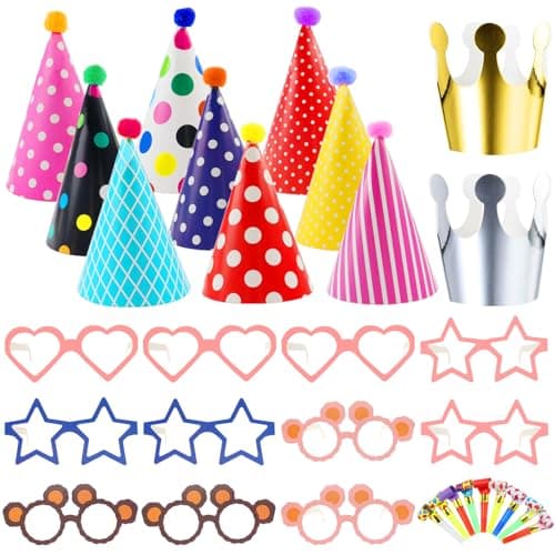 Kit Chapeau Anniversaire Enfant, 33 Pièces Chapeau de Couronne D'anniversaire con Sifflet Colorées et Lunettes de Fête, Chapeau de Fête d'anniversaire en Papier Pour Adultes Enfant