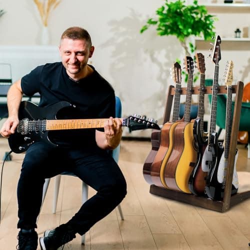 Support de guitare pour plusieurs guitares, support de guitare en bois, avec fente pour médiator, pour 5 guitares acoustiques, 5 guitares électriques ou 5 basses, ou 4 boîtes de guitares - Pour la