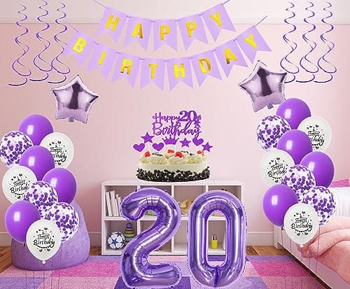 Décoration 21 Ans Anniversaire Femme Violet - Ballons Lilas et Gâteau pour Fête