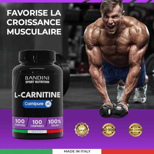 Bandini® L-CARNITINE Carnipure® 100 Comprimés - Supplément de Tartrate L Carnitine (100 doses, 100 jours) 1000mg - Pour Sportifs qui Pratiquent une Activité Physique à Haute Intensité - 100% Vegan