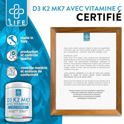 Vitamine D3 K2 Mk7 Avec Vitamine C 200 Comprimés Piulife® Vitamine D 2000 UI, Vitamine K2 200mcg, Vit C 125mg, Vitamines Pour Les Os Dents, Immunité Adulte, Boost Energie, D3 K2 Naturelle