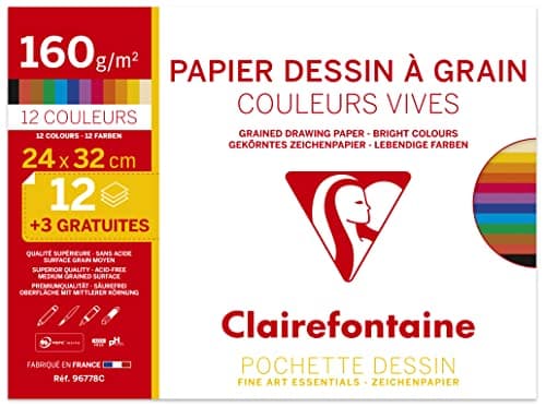 Clairefontaine 196778AMZC - Lot de 2 - Pochette Dessin Scolaire - 15 Feuilles (12+3 gratuites) - Papier Dessin à Grain Couleurs Vives 160g et Papier dessin blanc 180g- 24x32 cm