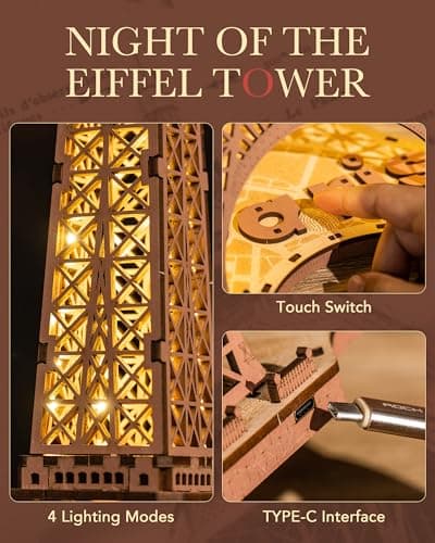 ROBOTIME Puzzle 3D LED Maquette de Tour Eiffel en Bois - Architecture Maquette en Bois a Construire Adulte - Construction Cadeaux pour Adultes et Adolescents - 164 Pièces