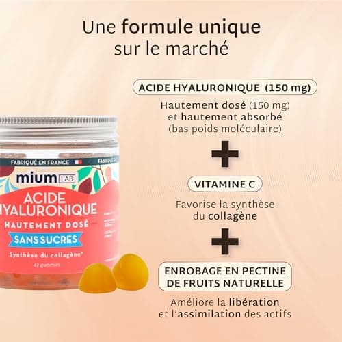 Mium Lab - Acide Hyaluronique Vit C - Anti-Âge Anti-Rides Collagène Hautement Dosé et Absorbé - Peau Articulations Cheveux - Hydratation profonde Élasticité de la Peau - 21 jours - Fabriqué en France