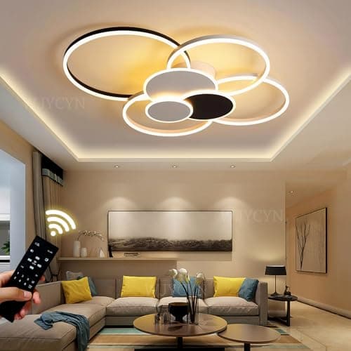 WJYCYN Dimmable Grand salon lampe LED 7Ring Blanc & Noir Plafonnier chambre à coucher modernes avec télécommandes Eclairage de plafond Métal Acrylique Plafonnier Bureau Salle à manger 7 flammes 100W
