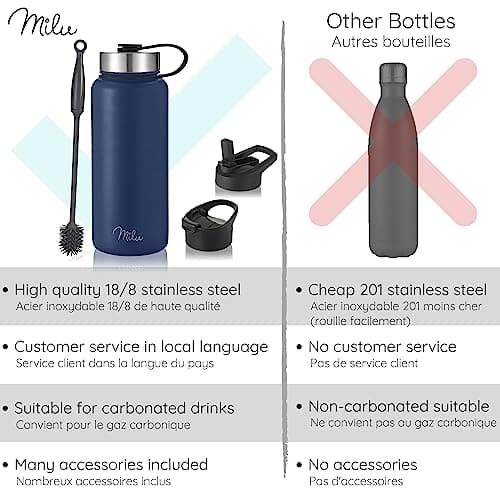Milu Bouteille en acier inoxydable 500ml, 750ml, 1000ml (+3 couvercles) - Bouteille thermo avec paille, bouteille d'eau, pour boissons chaudes, froides et gazeuses (rose menthe, 1l)