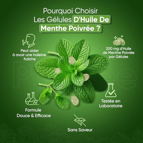 Huile De Menthe Poivrée 200mg 365 Gélules - Forte Absorption & Douce Pour l'Estomac - Gélules Multi Usages À Action Rapide Huile Essentielle de Menthe Poivrée, Pure & Naturelle - Confort & Bien-Être
