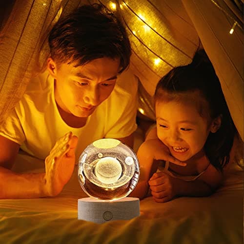 JAWSEU Veilleuse Boule de Cristal 3D USB, Lampe LED Sur Base en Bois Massif Pour Chambre et Bureau - Décoration et Ornement