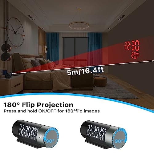 YUNYODA Reveil Projecteur Plafond, Horloge Digitale Projecteur 180°,Réveil Projection avec Température, Snooze, Mode Nuit, Affichage 12H/24H,Luminosité Réglable, Horloge Numérique pour Chambre, Bureau